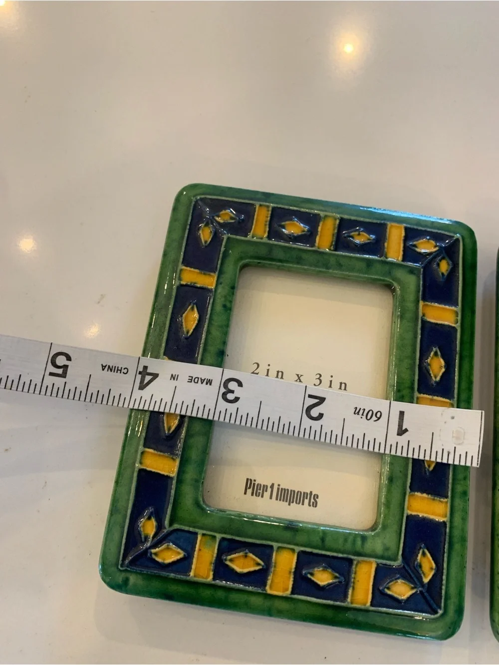 Pier 1 Ceramic Tile Frames 2” x 3” Set Of 2, Green, Blue Diamond Pattern flaw.